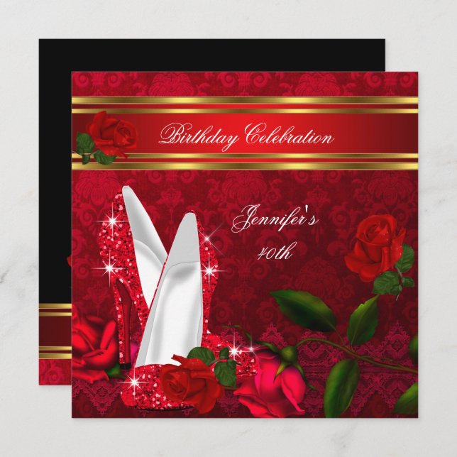 Elegant Högklackar, Röd ros Black Guld, födelsedag Inbjudningar (Fram/baksida)