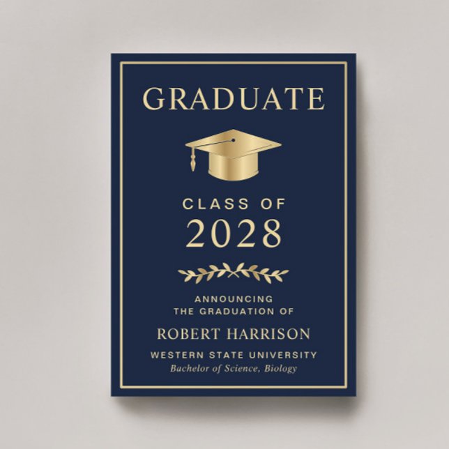 Elegant högskoleexamen i blå och guld meddelande (Cherish the milestone: share your graduate's achievement with a custom graduation announcement)