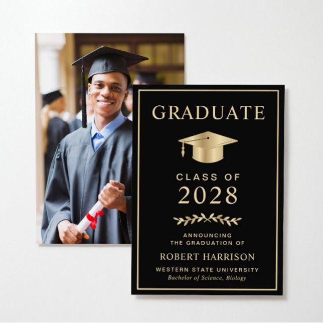 Elegant högskolefoto svart guld examen meddelande (Share the pride and excitement of your graduate's achievement with friends and family near and far)