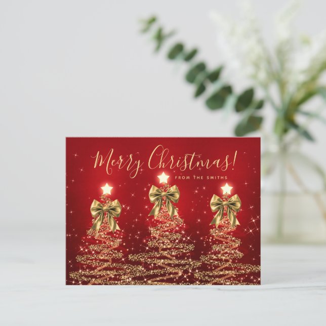 Elegant Holiday Gold Red Christmas Trees w/ Bows Vykort (Stående Fram)