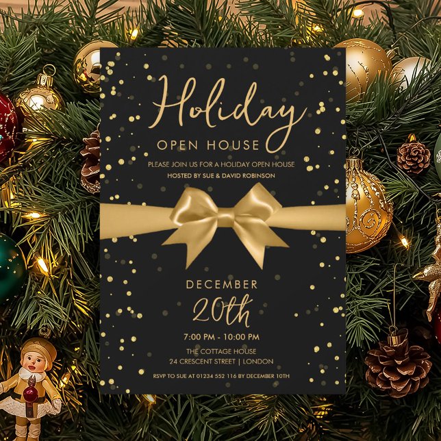 Elegant Holiday Open House Gold Bow Black Inbjudningar (Elegant Holiday Open House Gold Bow Black Invitation)