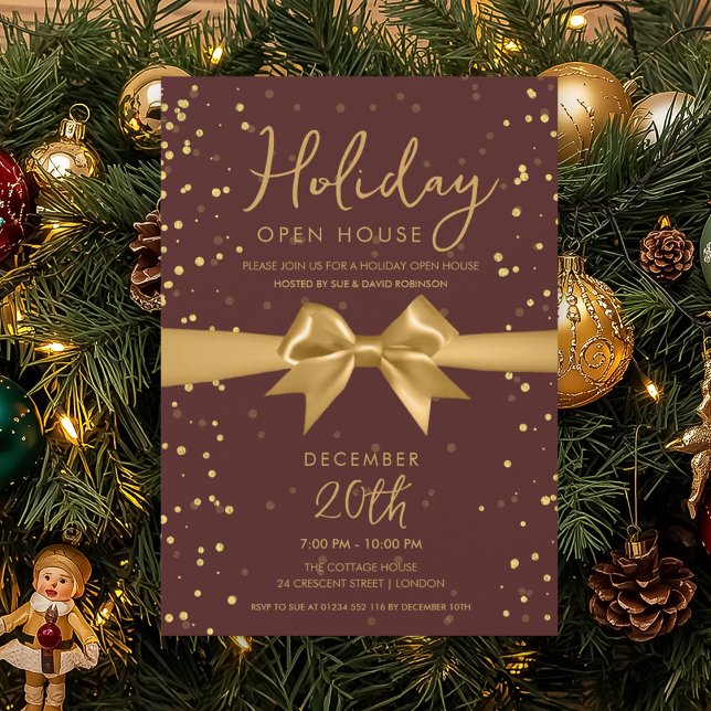 Elegant Holiday Open House Gold Bow Burgundy  Inbjudningar (Elegant Holiday Open House Gold Bow Burgundy Invitation)