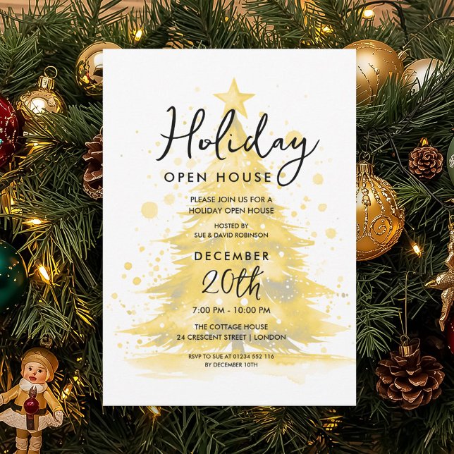 Elegant Holiday Open House Gold Hand Painted Tree Inbjudningar (Elegant Holiday Open House Gold Hand Painted Tree Invitation)
