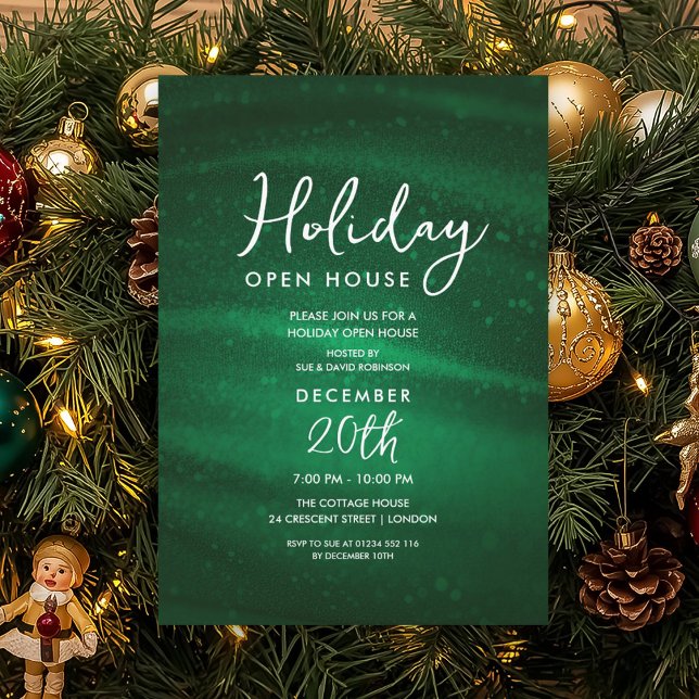 Elegant Holiday Öppet Hus Grön Glans Glam Inbjudningar (Elegant Holiday Open House Green Sparkle Glam Invitation)