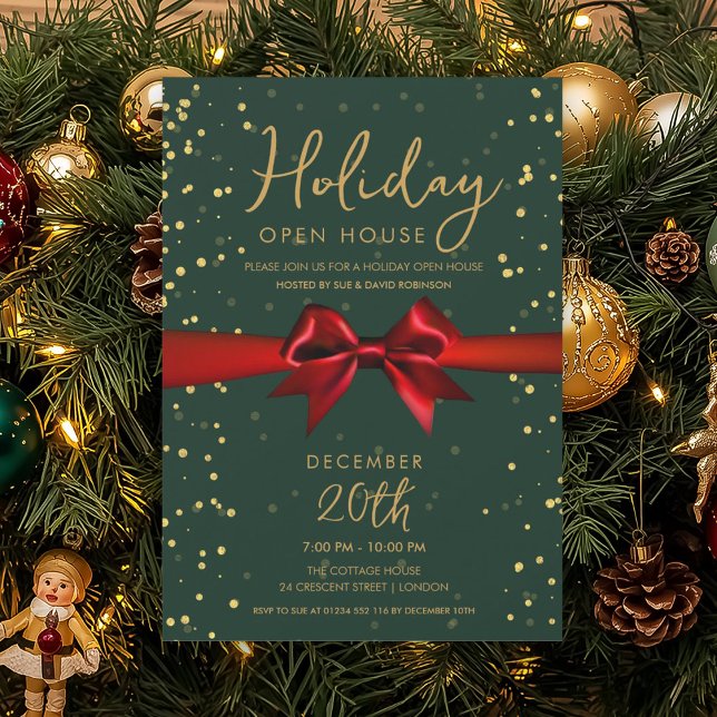 Elegant Holiday Öppet Hus Röd Bow Grön  Inbjudningar (Elegant Holiday Open House Red Bow Green Invitation)