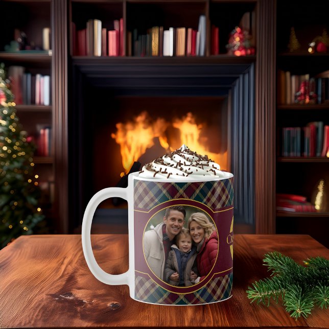 Elegant Holiday Photo Plaid Monogram Name Kaffemugg (Rustic Elegance Christmas Holiday Winter Photo Plaid Monogram and Name Coffee Mug (front view))