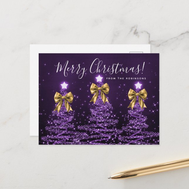Elegant Holiday Purple Christmas Trees Gold Bows Vykort (Fram/Back In Situ)