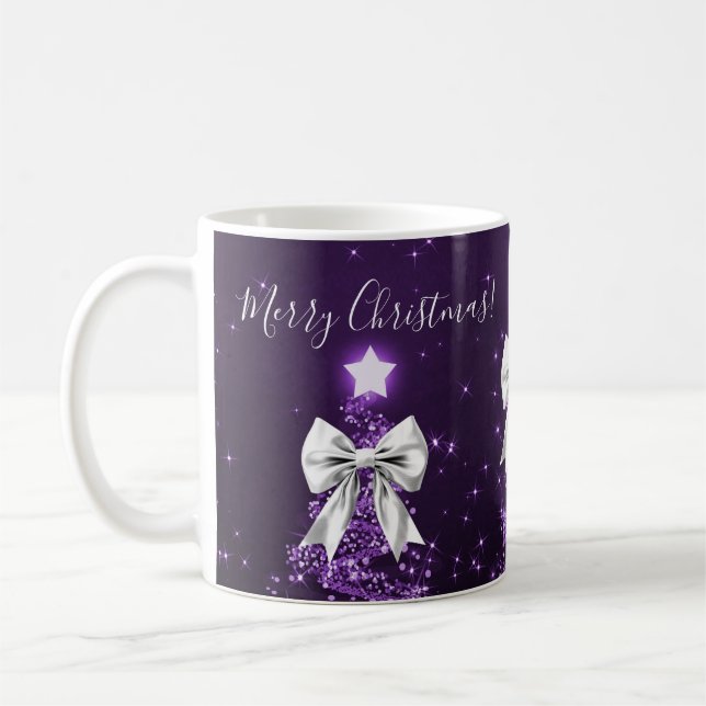 Elegant Holiday Purple Christmas Trees Silver Bows Kaffemugg (Vänster)