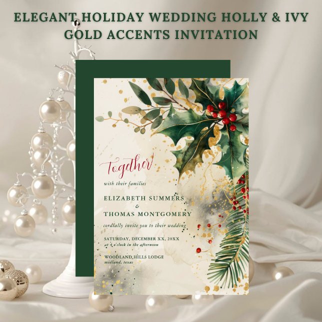 Elegant Holiday Wedding Holly & Ivy Gold Accents Inbjudningar (Elegant Holiday Wedding Holly & Ivy Gold Accents Invitation)