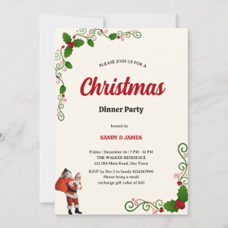 Elegant Holly and Berries Christmas dinner Party  Inbjudningar
