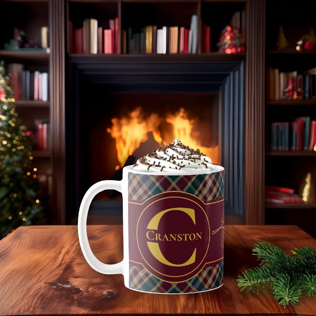 Elegant Holly and Berries Holiday Monogram Name Kaffemugg (Rustic Elegance Rich Dark Plaid Holly and Berries with Monogram and Name - Personal or Corporate Mug)