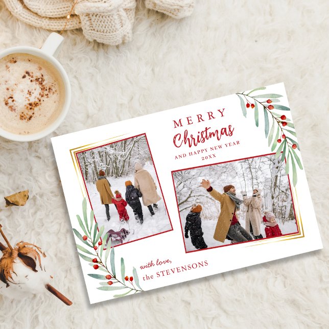 Elegant Holly Berries 2 Photo Red God jul Julkort (Skapare uppladdad)