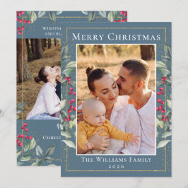 Elegant Holly Berries Blue Grått jul 2 Foto Julkort