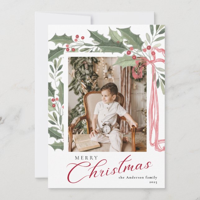 Elegant Holly Berries | Family Photo Christmas Julkort (Framsida)