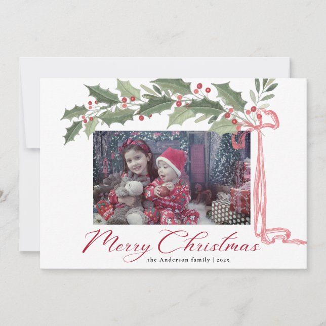 Elegant Holly Berries Foliage | Photo Christmas Julkort (Framsida)