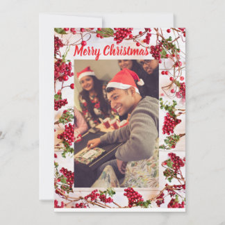 Elegant Holly Berries Merry Christmas Script Photo Kort
