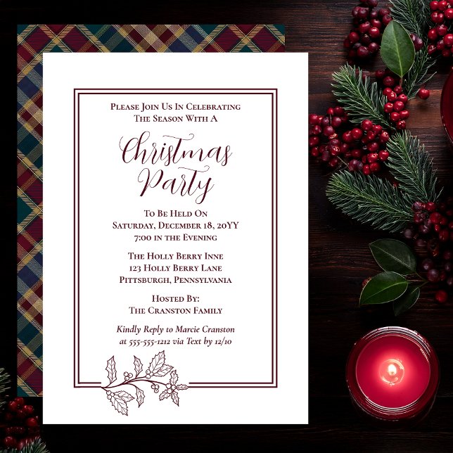 Elegant Holly | Berries Rik Plade jul Party Julkort (Elegant Holly and Berries with Rich Plaid Christmas Party Invitations - White | Dark Cranberry Red)