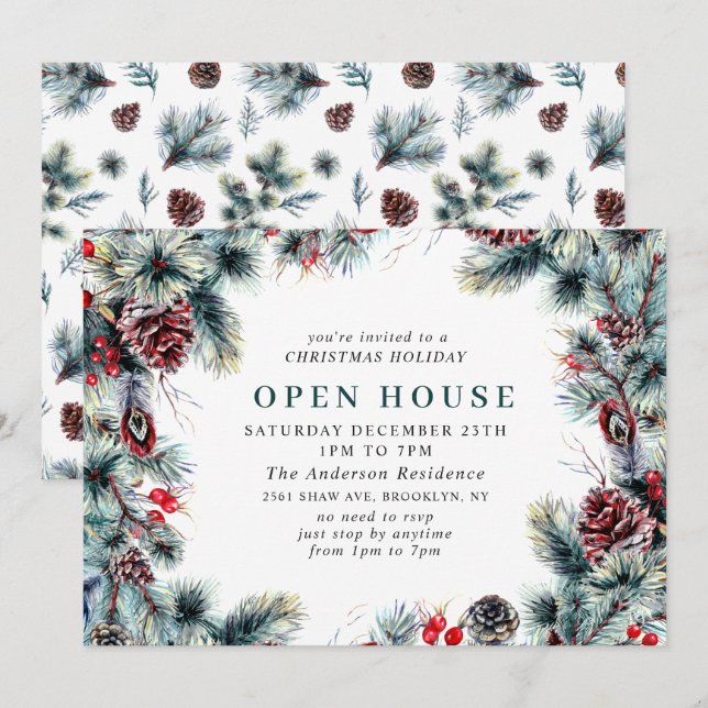 Elegant Holly Berry CHRISTMAS HELGDAG OPEN HOUSE Inbjudningar (Fram/baksida)