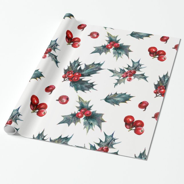 Elegant Holly Berry Holiday Jul Rustik Presentpapper (Utrullad)