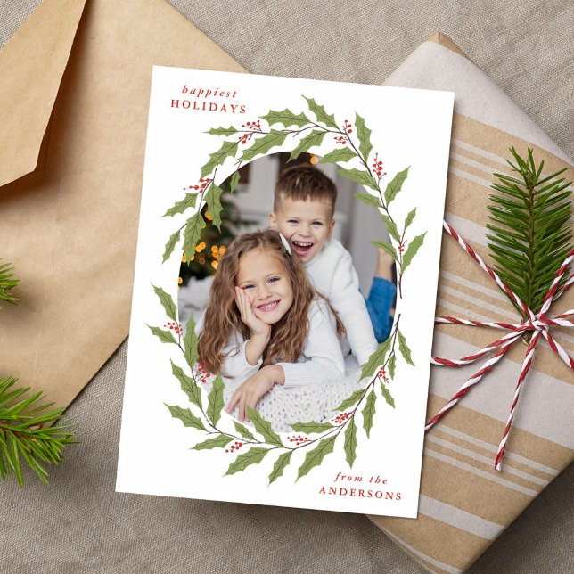 Elegant Holly Berry Oval WAN WAN 3 Photo Julkort (Skapare uppladdad)