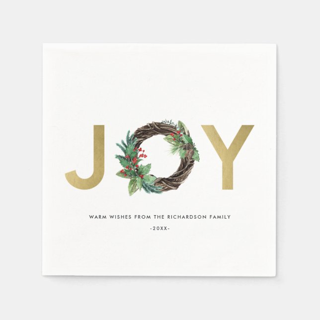 ELEGANT HOLLY BERRY RED GULD JOY WREATH CHRISTMAS PAPPERSSERVETT (Framsidan)