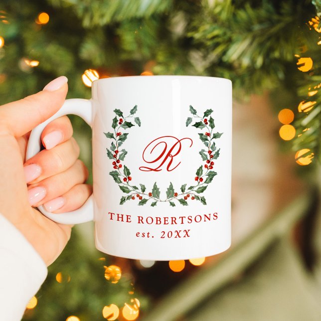 Elegant Holly Berry WAN Monogram Personlig Kaffemugg (Skapare uppladdad)