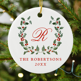 Elegant Holly Berry Wandeand Monogram Photo Julgransprydnad Keramik