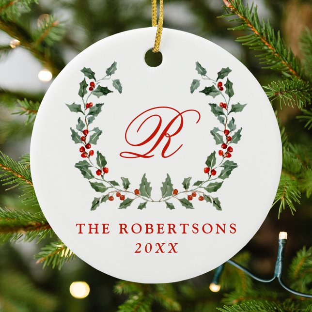 Elegant Holly Berry Wandeand Monogram Photo Julgransprydnad Keramik (Skapare uppladdad)