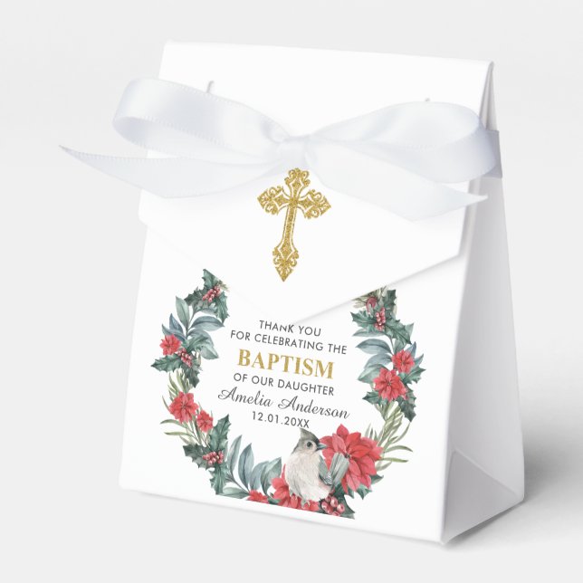 Elegant Holly Berry Winter Baptism Tack Presentaskar (Framsidan Sidan)