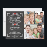 Elegant Holly Chalkboard jul 3-fotokollage Julkort<br><div class="desc">Kortet stil God jul i vintage Julhälsningar med fotomall. Elegantens svarta och vita design med vacker röd poinsettia holly-krans, festiv retro ram och dekorativ stil-typografi med högtrycksbokstäver på slate grått-krita. Lägg till din tre favoritfamilj helgdag bilder och anpassa texten. Skenbar och skarp contemporary, klassiskt, modernt och snyggt sätt att skicka...</div>