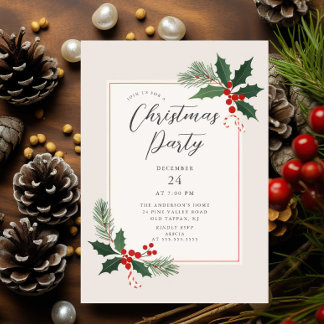 Elegant Holly Christmas Party Invitation Inbjudningar