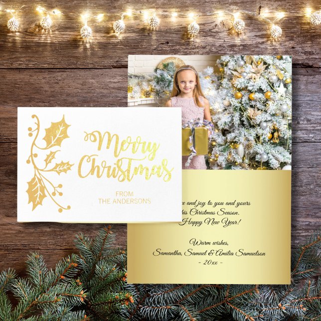 Elegant Holly God jul Hälsning PHOTO Guld Folierat Kort (Elegant Holly Merry Christmas Greeting PHOTO Gold Foil Card)