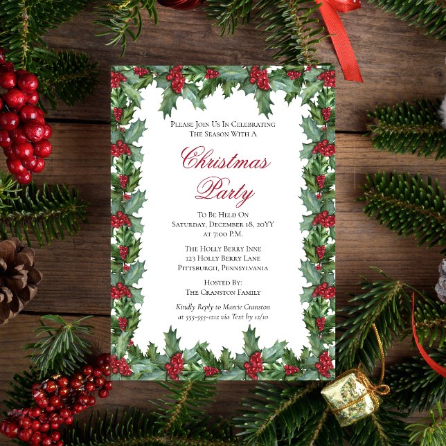 Elegant Holly och Berries Ram jul Party Inbjudningar (Elegant Holly and Berries Frame Christmas Holiday Party  Invitation (green back))