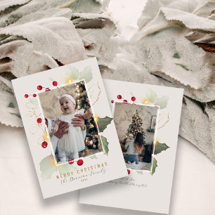Elegant Holly och Guld God jul Photo Julkort