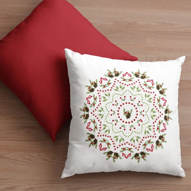 Elegant Holly Pinecone Helgdag Mandala-jul Kudde (Christmas simple holiday wreath mandala decorative throw pillow)