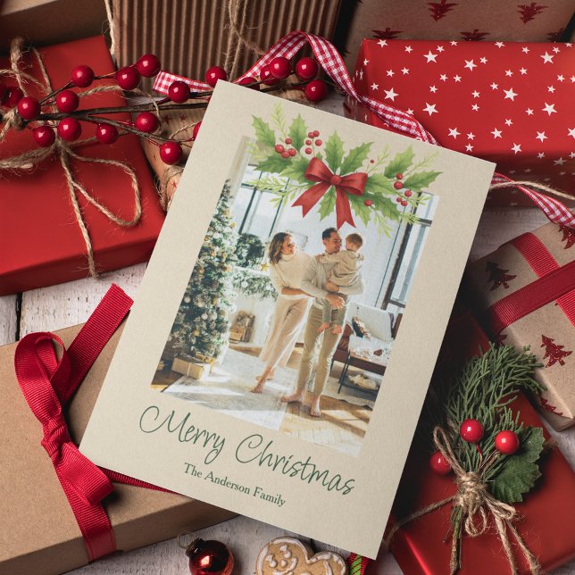 Elegant Holly & Red Bow-Helgdag-kort (Skapare uppladdad)