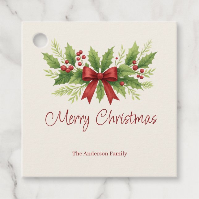 Elegant Holly & Red Bow-jul - Gåvor Etiketter (Framsida)