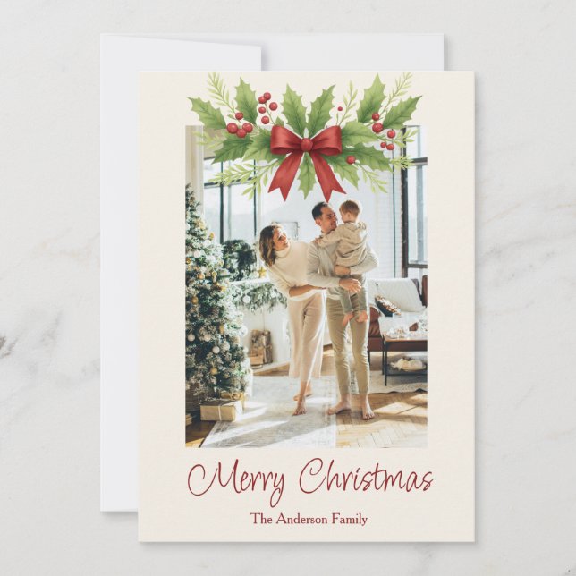 Elegant Holly & Red Bow-jul - Julkort (Framsida)