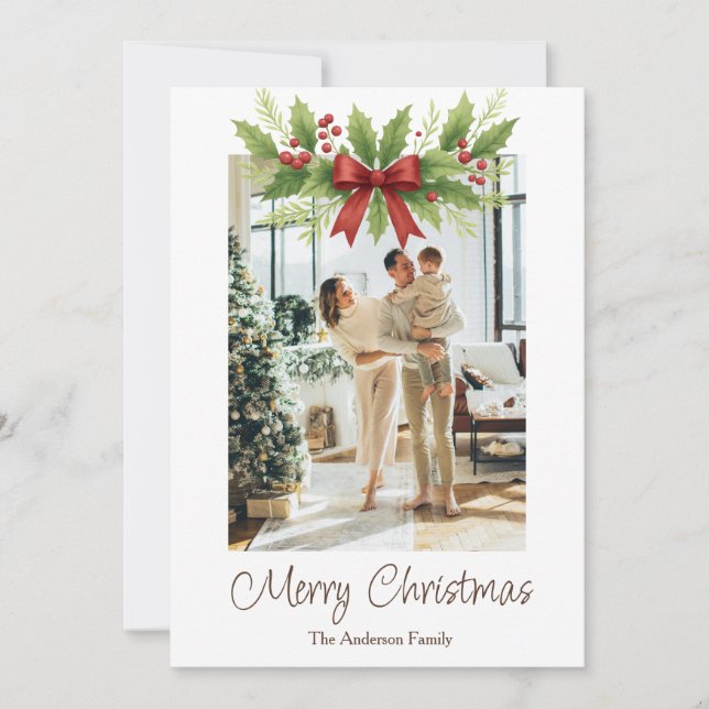 Elegant Holly & Red Bow-jul - Julkort (Framsida)
