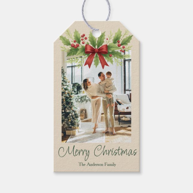 Elegant Holly & Red Bow-jul - Presentetikett (Framsidan)