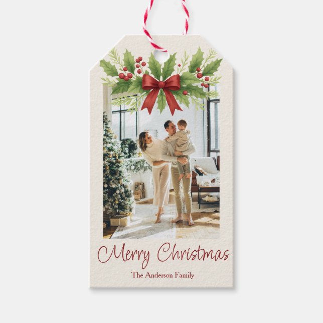 Elegant Holly & Red Bow-jul - Presentetikett (Framsidan)