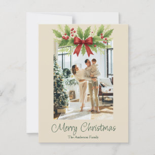 Elegant Holly & Red Bow julkort Vykort