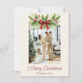 Elegant Holly & Red Bow julkort Vykort