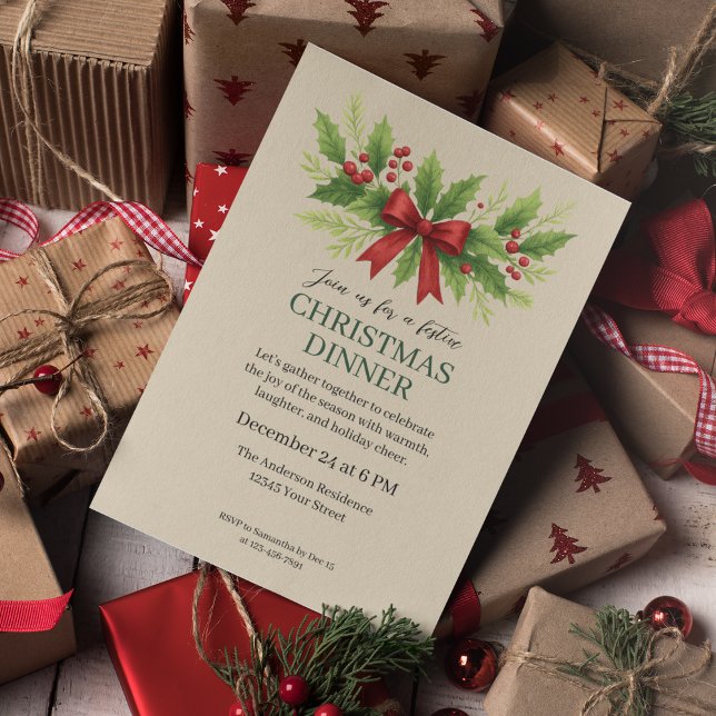 Elegant Holly & Red Bow Julmiddag - Inbjudningar (Skapare uppladdad)