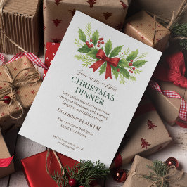Elegant Holly & Red Bow Julmiddag - Inbjudningar