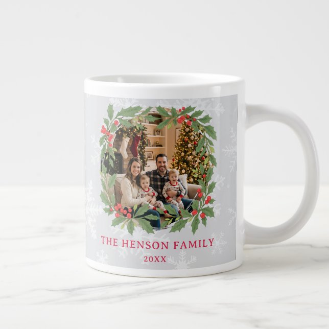 Elegant Holly Wreath Merry Christmas Family Photo Jumbo Mugg (Höger)