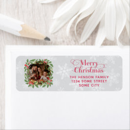 Elegant Holly Wreath Merry Christmas Photo Address Returadress Etikett