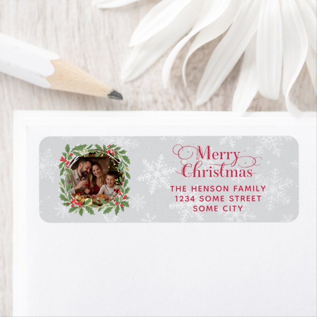 Elegant Holly Wreath Merry Christmas Photo Address Returadress Etikett (Insitu)