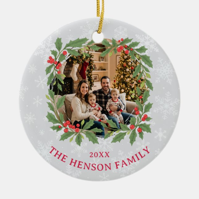 Elegant Holly Wreath Merry Christmas Photo Julgransprydnad Keramik (Framsidan)