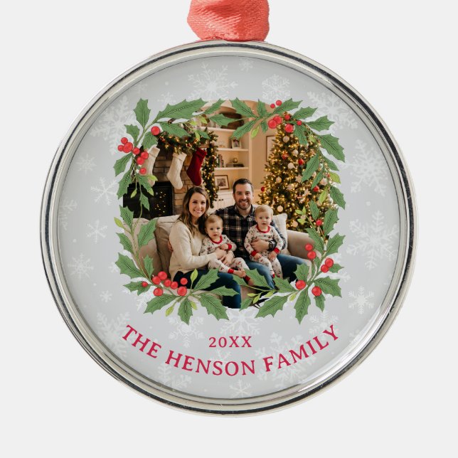 Elegant Holly Wreath Merry Christmas Photo Julgransprydnad Metall (Framsidan)